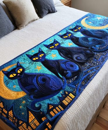 Lunar Gaze Quilted Bed Runner — Celestial Moon Motif Decorative Bed Scarf For King & Queen, Soft Layered Bedding Accent