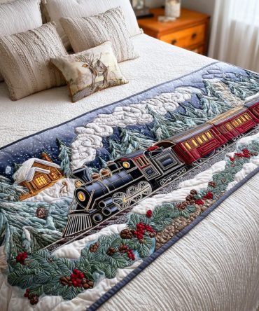 Magic Train Ride Quilted Bed Runner — Playful Kids' Bedroom Accent Scarf, Durable Quilted Runner With Train Motif For Twin/Full/Queen