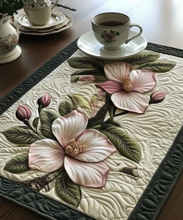Magnolia Whispers Quilted Placemat — Elegant Southern Floral, Soft Cotton Blend, Reversible, Stain-Resistant, Luxury Table Accent
