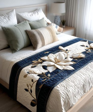 Magnolia Aura Quilted Bed Runner — Soft Botanical Magnolia Bed Scarf, Reversible Quilted Accent For Serene, Stylish Bedroom Decor