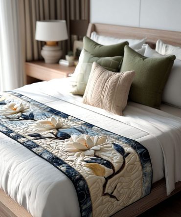 Magnolia Blooming Quilted Bed Runner - Elegant Floral Bed Scarf With Large Magnolia Print, Reversible Luxury Cotton Accent For Main Bedroom