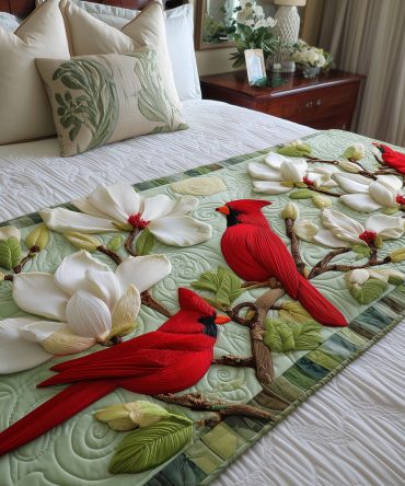 Magnolia Gathering Quilted Bed Scarf - Designer Floral Runner For Queen & King Beds, Soft Textured Cotton-Blend