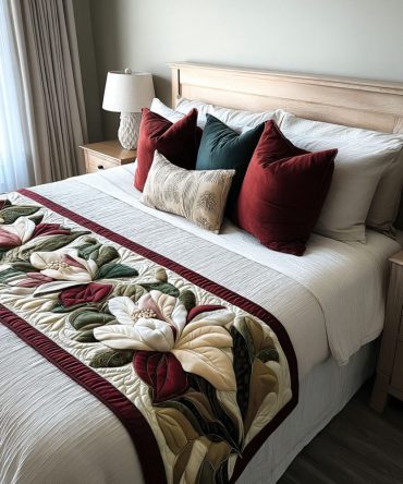 Luxury Quilted Magnolia Horizon Bed Runner — Floral Decorative Bed Scarf For King & Queen Beds, Reversible Accent For Elegant Bedrooms