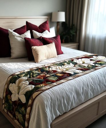Magnolia Memories Quilted Bed Runner - Elegant Magnolia Floral Bedding Accent, Southern Charm Decor, Soft Quilted Layer, Reversible & Easy Care