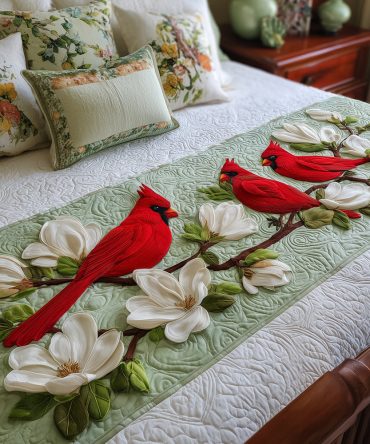 Elegant Magnolia Perch Quilted Bed Scarf - Floral Runner For Beds & Sofas, Reversible Cotton-Blend, Machine Washable