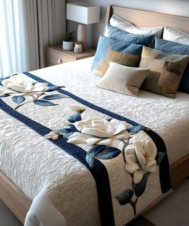 Magnolia Tranquil Quilted Bed Runner - Serene Floral Bed Scarf, Neutral Magnolia Design, Reversible Cotton Throw For Calm Bedroom Retreats