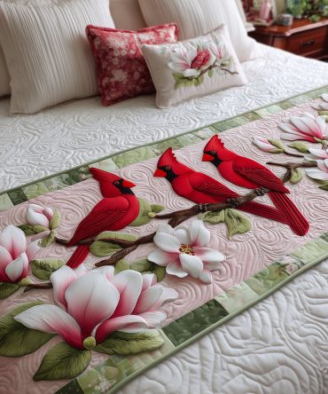 Luxury Magnolia Whispers Quilted Bed Scarf - Decorative Runner For Queen & King Beds, Soft Cotton-Blend Finish