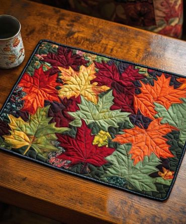 Autumn Maple Mosaic Quilted Placemat — Warm Fall Table Runner, Heat-Resistant Cotton Mat, Rustic Thanksgiving & Everyday Decor