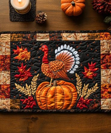 Maple Turkey Thanksgiving Quilted Placemat — Festive Turkey & Maple Leaf Design, Autumn Table Mat, Durable Cotton, Stain-Resistant & Machine-Washable