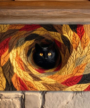 Maple Whiskers Autumn Cat Welcome Mat — Rustic Leaf & Cat Doormat For Fall Entryway, Porch Accent & Pet-Friendly Front Door Décor
