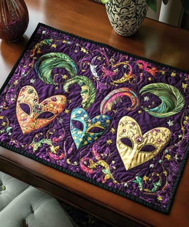 Mardi Gras Jubilee Quilted Placemat — Vibrant Carnival Table Mat, Purple Green Gold Cotton, Reversible, Machine Washable, Festive Party Decor