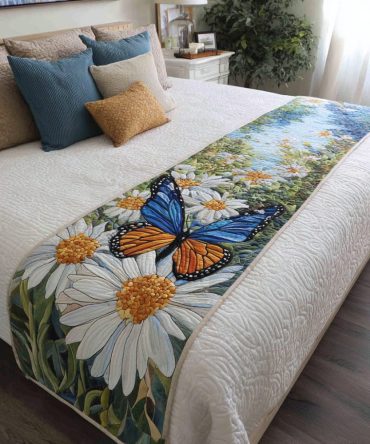 Meadow Butterfly Quilted Bed Runner — Floral & Butterfly Accent Scarf For Bedrooms, Lightweight Cotton-Blend For Queen/King