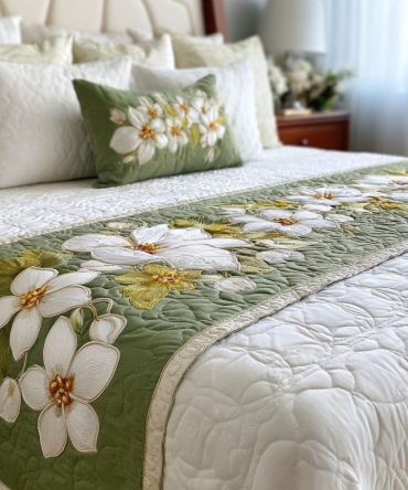 Meadowlace Dream Quilted Bed Runner — Romantic Lace-Inspired Floral Bed Scarf For Classic & Cottage Interiors, Easy Care Finish