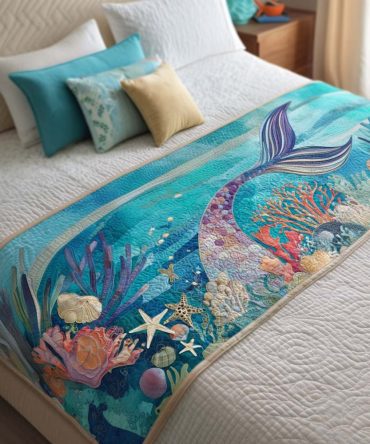 Mermaid Dreams Quilted Bed Runner – Whimsical Coastal Bedding Accent With Ocean Motifs, Soft Quilting, Reversible Finish