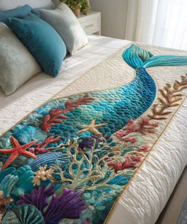 Mermaid Tail Quilted Bed Runner — Vibrant Mermaid Design Bed Scarf For Boho Coastal Bedrooms, Soft Comfort & Durable