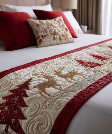 Merry Boughs Quilted Bed Runner — Festive Evergreen Bed Scarf, Traditional Christmas Bedroom Accent, Quilted Cotton Blend, Reversible