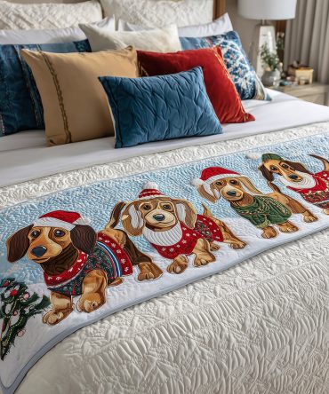 Merry Doxie Quilted Bed Runner — Holiday Dachshund Bed Scarf, Quilted Comfort For Festive Bedroom Styling & Seasonal Gift Ideas
