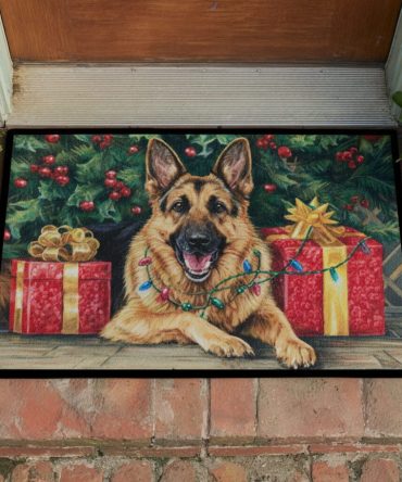 Festive German Shepherd Welcome Mat — Durable Outdoor Coir Doormat With Merry Dog Design For Porch, Pet-Lover Gift