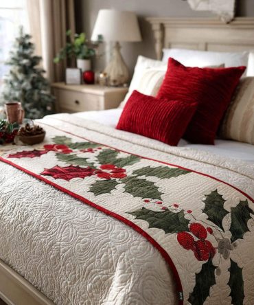 Merry Glow Quilted Bed Runner - Festive Red & Green Holiday Bedding Accent, Plush Quilted Throw To Elevate Seasonal Bedroom & Guest Room Styling
