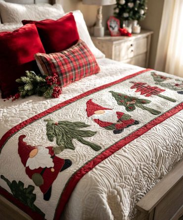 Merry Gnomes Quilted Bed Scarf — Whimsical Christmas Bed Runner With Gnome Motif, Cozy Seasonal Decorative Accent For Home