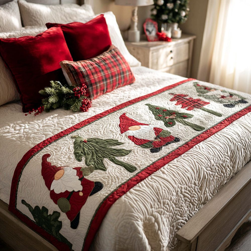 Merry Gnomes Quilted Bed Scarf — Whimsical Christmas Bed Runner With Gnome Motif, Cozy Seasonal Decorative Accent For Home