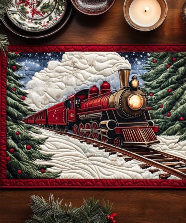 Merry Locomotive Quilted Placemat — Train-Themed Holiday Table Mat, Durable Cotton Blend, Heat-Resistant & Machine-Washable for Festive Dining
