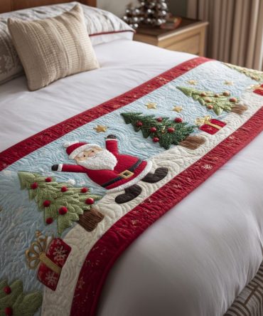 Merry Path Quilted Bed Runner — Festive Holiday Bed Scarf With Joyful Motifs For Seasonal Bedroom Styling, Soft & Machine-Washable