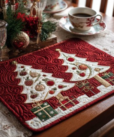 Merry Pines Holiday Quilted Placemat - Evergreen Christmas Table Mat with Pine Tree Design, Cozy Farmhouse Style, Machine Wash Safe