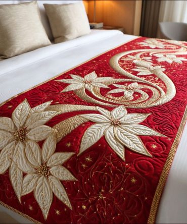 Merry Poinsettia Quilted Bed Scarf — Classic Holiday Floral Runner With Poinsettia Embroidery, Reversible Decorative Accent For Festive Bedding