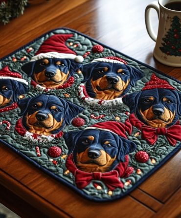 Merry Rottweiler Quilted Placemat — Festive Dog Table Mat, Holiday Pet Lover Gift, Durable Cotton, Machine Washable, Cute Décor