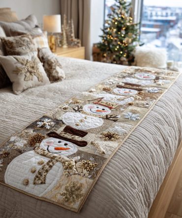 Merry Snowland Scene Quilted Bed Scarf - Festive Winter Runner With Scenic Snow Motifs, Soft Quilted Accent For Holiday Bedrooms