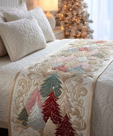 Festive Merry Spruce Holiday Quilted Bed Runner - Evergreen Christmas Decor Accent, Reversible And Machine Washable