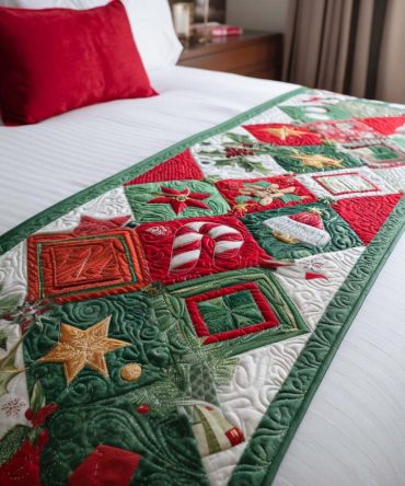 Merry Treasure Quilted Bed Runner — Joyful Holiday Decorative Throw, Festive Quilted Accent For Beds, Benches & Living Areas