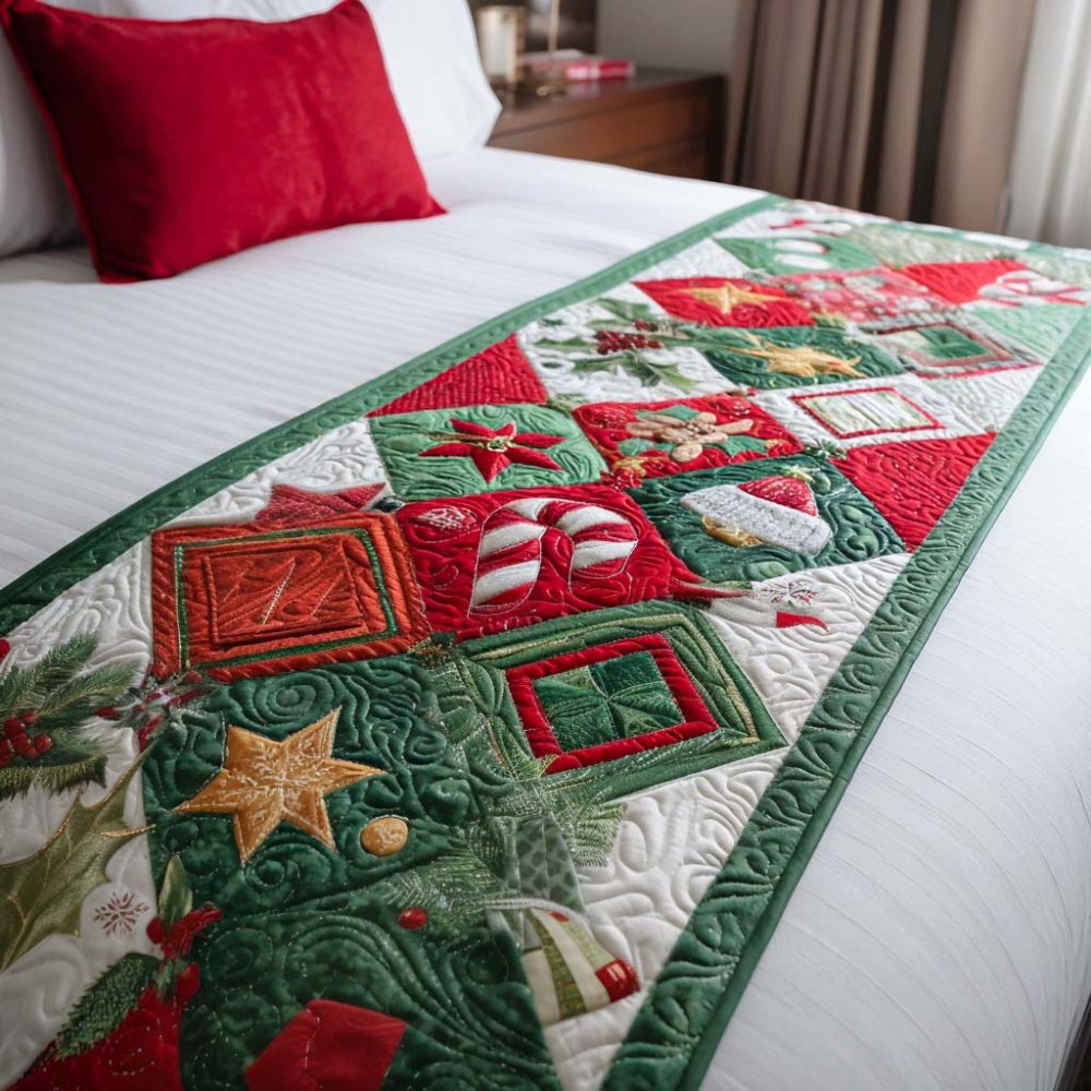 Merry Treasure Quilted Bed Runner — Joyful Holiday Decorative Throw, Festive Quilted Accent For Beds, Benches & Living Areas