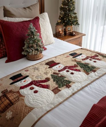 Merry Woods Quilted Bed Scarf — Rustic Holiday Bed Accent For Queen & King, Cozy Woodland-Inspired Bedding Decor