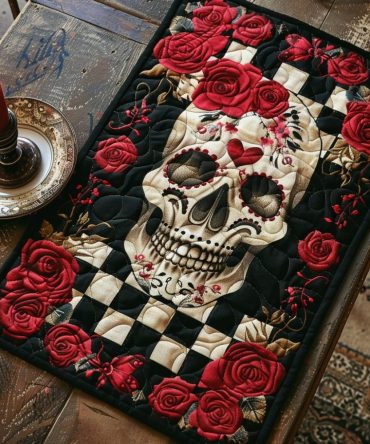 Midnight Roses Quilted Placemat — Dark Rose Print Cotton Table Mat for Moody, Romantic Table Settings, Durable and Machine Washable
