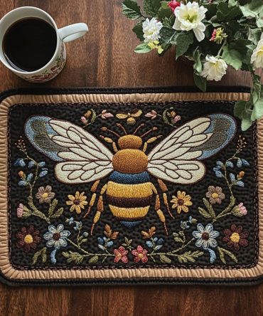 Midnight Blossom Bee Quilted Placemat - Dark Floral Table Mat, Protective Quilting for Elegant Dinners & Casual Meals