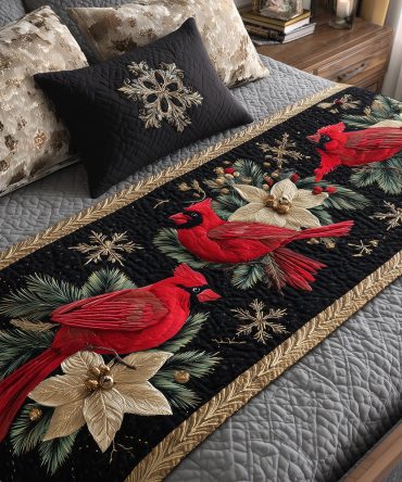 Midnight Cardinals Quilted Bed Scarf — Dramatic Cardinal Motif Runner For Chic Nighttime Styling, Luxurious Quilting And Bold Bedroom Accent