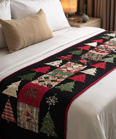 Midnight Christmas Tree Quilted Bed Runner — Elegant Dark Holiday Tree Design, Luxurious Decorative Runner For Queen & King Beds