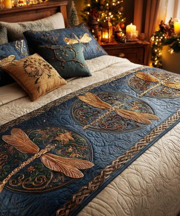 Midnight Dragonfly Quilted Bed Runner — Elegant Dark-Toned Accent With Delicate Dragonfly Motif, Reversible Cotton-Blend For King & Queen Beds