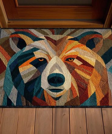 Midnight Forest Bear Welcome Mat — Nighttime Woodland Doormat With Bear Silhouette, Durable Weather-Resistant Front Door Mat With Non-Slip Backing
