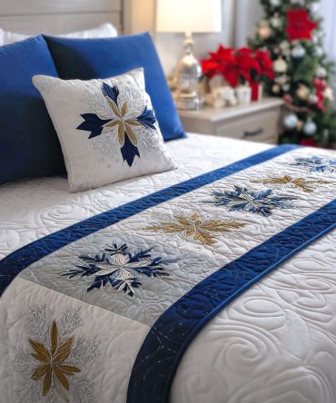 Midnight Frostline Quilted Christmas Bed Scarf — Cool-Tone Holiday Runner, Reversible Quilted Bedding Accent For Modern Winter Decor