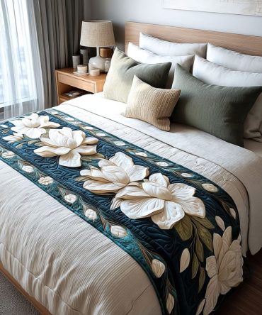Midnight Magnolia Quilted Bed Runner — Dark Floral Magnolia Bed Scarf, Luxe Quilted Accent For Dramatic & Sophisticated Bedroom Styling