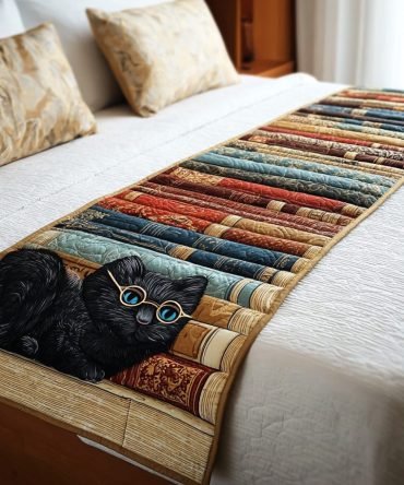 Midnight Reading Quilted Bed Runner – Cozy Cat & Book Design Decorative Bed Scarf For Bedrooms, Durable & Machine Washable