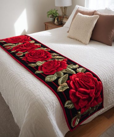 Midnight Rose Floral Quilted Bed Scarf — Luxury Decorative Bed Runner For King & Queen Beds, Reversible Cotton Blend
