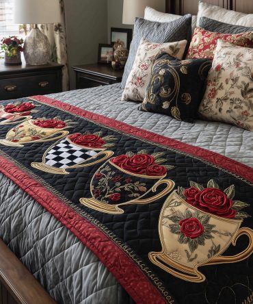 Midnight Rose Sip Quilted Bed Scarf — Dark Floral Runner For Moody Bedroom Styling, Luxurious Quilting And Sophisticated Accent Layer