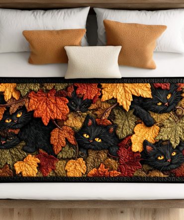 Midnight Whiskers Quilted Bed Runner — Chic Cat Silhouette Bedding Scarf For King & Queen Beds, Reversible Decorative Accent