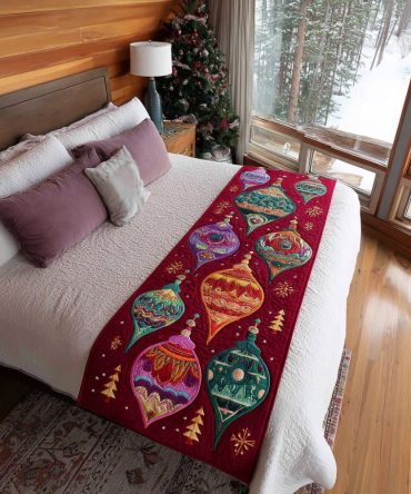 Mistletoe Magic Quilted Bed Runner - Elegant Holiday Accent For Beds & Benches, Romantic Christmas Bedroom Décor