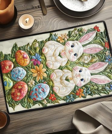 Bunny Bloom Quilted Dining Placemat — Playful Floral & Bunny Motif Table Mat, Soft Quilting, Machine-Washable & Kid-Friendly Design