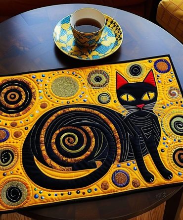 Moonbeam Cat Charm Quilted Table Placemat — Charming Lunar Cat Pattern, Cotton-Padded, Easy-Care, Non-Slip, Ideal for Daily Use